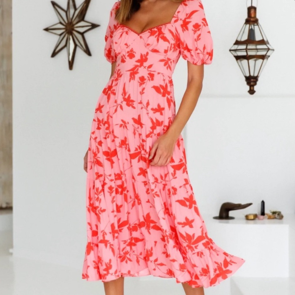 Hello Molly Pink and Red Floral Midi Dress